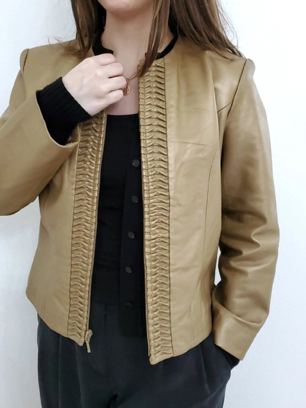 Revue Metallic Gold Lamb Skin Lined Full Zip Leather Jacket 90's Y2K Small